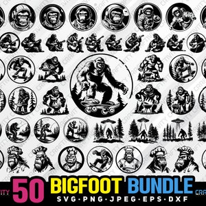 Puede incluir: Un conjunto de 50 ilustraciones vectoriales en blanco y negro de Bigfoot en varias poses y situaciones. Las ilustraciones están en formato circular e incluyen imágenes de Bigfoot pescando, cocinando, patinando y usando un gorro de chef. El texto "CRAFTIVITY 50 BIGFOOT BUNDLE SVG PNG JPEG EPS DXF CRAFTIVITY" está en la parte inferior de la imagen.