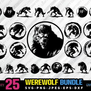 Puede incluir: Un conjunto de 25 ilustraciones de hombre lobo en blanco y negro en varias poses. Las ilustraciones están en un círculo con una textura grunge. El texto "25 Werewolf Bundle" está en la parte inferior de la imagen.