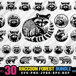 raccoon forest bundle svg png jpg eps dxf engrave silhouette clipart cricut laser vector commercial use custom raccoon animal vector raccoon