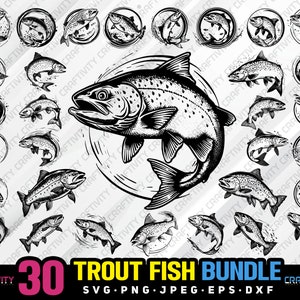 Könnte beinhalten: Ein Set mit 30 Schwarzweiß-Illustrationen von Forellen in verschiedenen Posen. Die Illustrationen sind kreisförmig auf weißem Hintergrund. Der Text "30 Trout Fish Bundle" befindet sich am unteren Rand des Bildes.