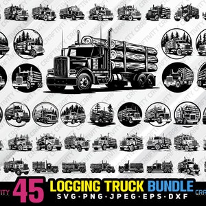 May include: A set of 45 black and white vector illustrations of logging trucks. The trucks are hauling logs and are shown in various poses. The illustrations are perfect for use in a variety of projects, such as t-shirt designs, website graphics, and social media posts.