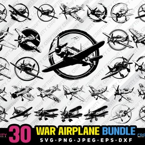 Puede incluir: Un conjunto de 30 ilustraciones vectoriales en blanco y negro de aviones de guerra. Los aviones están en varias poses, algunos con las alas extendidas y otros con el tren de aterrizaje abajo. Las ilustraciones están en un círculo con una textura grunge.