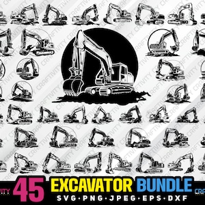 May include: A digital download bundle of 45 black and white excavator silhouette illustrations. The illustrations are in various poses and angles. The bundle includes SVG, PNG, JPEG, EPS, and DXF file formats.