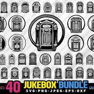 Op de afbeelding: Een set van 40 zwart-wit vintage jukebox illustraties. De illustraties zijn rond met een witte achtergrond. De illustraties zijn van verschillende stijlen jukeboxes.