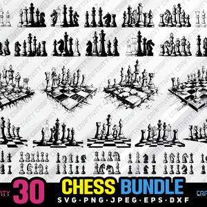 Puede incluir: Un conjunto de 30 ilustraciones de piezas de ajedrez en blanco y negro. El conjunto incluye piezas individuales, tableros de ajedrez completos y una variedad de arreglos de piezas de ajedrez. Las ilustraciones son de estilo dibujado a mano.