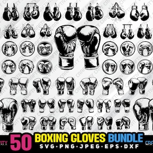 Puede incluir: Un conjunto de 50 ilustraciones de guantes de boxeo en blanco y negro. Las ilustraciones están en una variedad de poses y ángulos. El texto "50 Boxing Gloves Bundle" está en la parte inferior de la imagen. El texto "SVG - PNG - JPEG - EPS - DXF" está debajo del texto del paquete.
