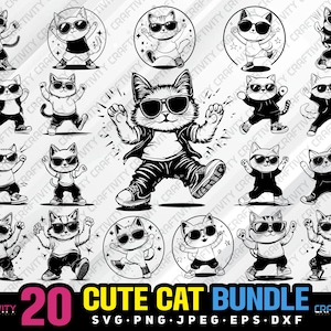 cute cat bundle svg png jpeg eps dxf engrave silhouette clipart cricut laser vector commercial use custom cute cat dancing cute animal svg