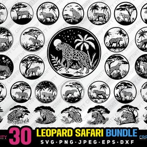 Könnte beinhalten: Ein Set mit 30 schwarzen und weißen Leopard-Safari-Silhouetten-Designs. Die Designs zeigen Leoparden in verschiedenen Posen, darunter Gehen, Laufen und Stehen. Die Designs sind perfekt für die Verwendung in Bastelprojekten wie Scrapbooking, Kartenherstellung und Heimdekoration.
