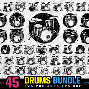 May include: A set of 45 black and white drum illustrations. The drums are drawn in a vintage style and are perfect for use in digital scrapbooking, card making, and other craft projects. The illustrations are available in SVG, PNG, JPEG, EPS, and DXF formats.
