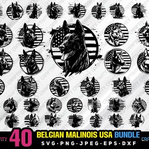 May include: A set of 40 black and white vector illustrations of Belgian Malinois dogs with American flags. The dogs are in various poses, including standing, sitting, and running. The illustrations are ideal for use in digital and print projects.