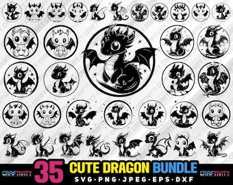 May include: A digital download bundle of 35 cute dragon illustrations in black and white. The dragons are in various poses, including flying, sitting, and standing. The text "35 Cute Dragon Bundle" is at the bottom of the image.