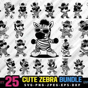 Puede incluir: Un conjunto de 25 ilustraciones de cebras en blanco y negro en varias poses, incluyendo de pie, sentadas y con gafas de sol. Las ilustraciones son perfectas para proyectos de manualidades, como camisetas, tazas y pegatinas.