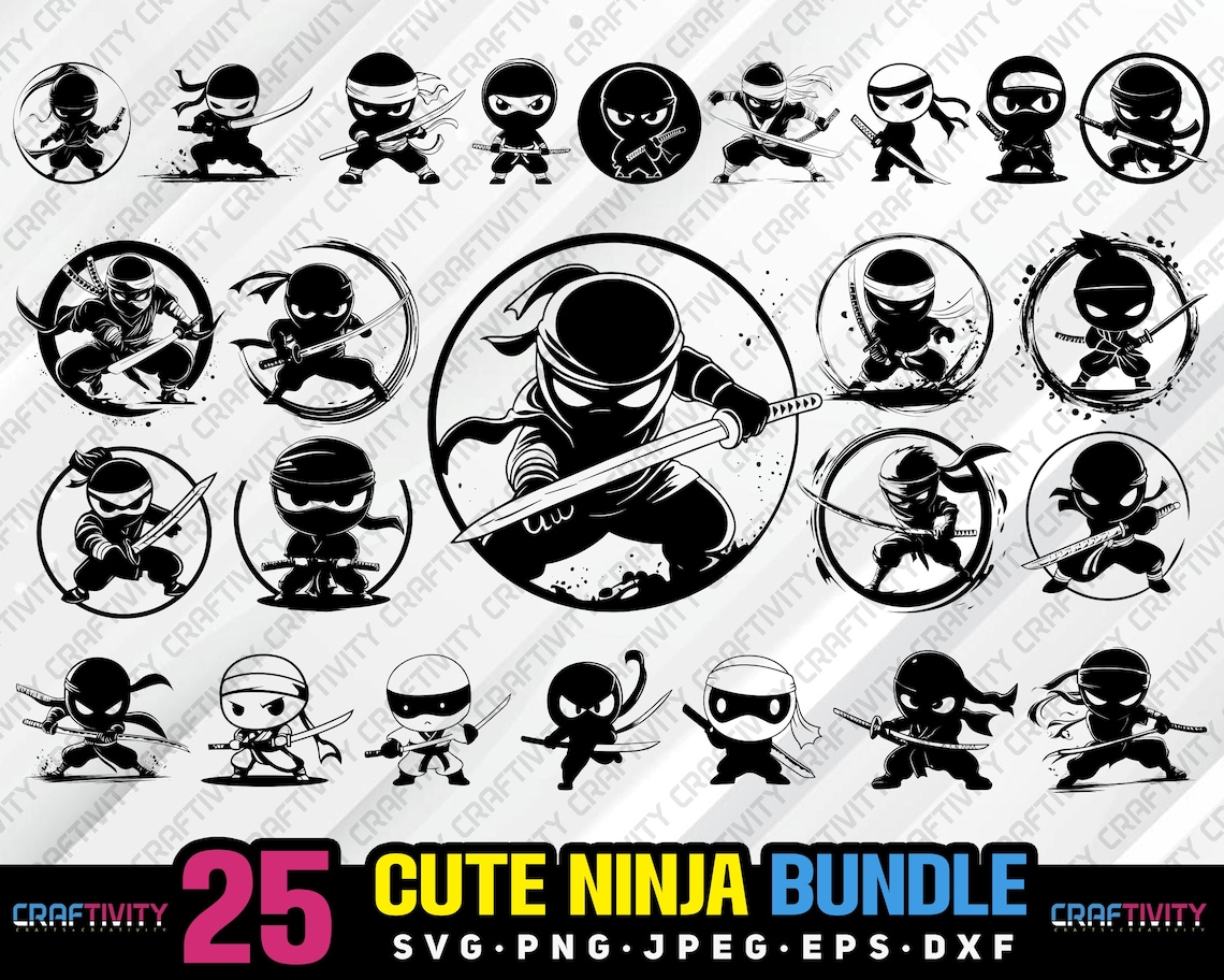 Cute Ninja Bundle Svg Png Jpeg Eps Dxf Engrave Silhouette Clipart ...