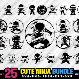 cute ninja bundle svg png jpeg eps dxf engrave silhouette clipart cricut laser vector commercial use custom kawaii ninja warrior ninja svg