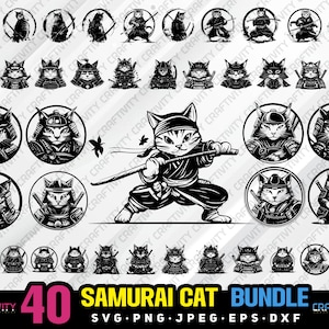 Puede incluir: Un conjunto de 40 imágenes digitales de clip art que representan gatos samuráis en varias poses. Las imágenes son en blanco y negro e incluyen una variedad de diseños, como gatos sosteniendo espadas, gatos con cascos y gatos sentados en una pose meditativa. Las imágenes son perfectas para usar en proyectos de manualidades, scrapbooking y otras actividades creativas.