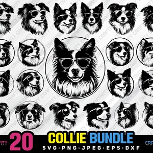 collie bundle svg png jpeg eps dxf engrave silhouette clipart cricut laser vector commercial use custom collie dog sunglasses border collie