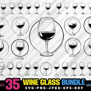 Puede incluir: Un conjunto de 35 archivos de corte SVG de copas de vino. Las imágenes son en blanco y negro y presentan diferentes formas de copas de vino.