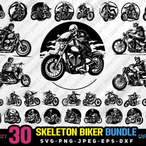 skeleton biker bundle svg png jpeg eps dxf bundle silhouette clipart cricut vector commercial use custom skeleton motorcycle biker vector