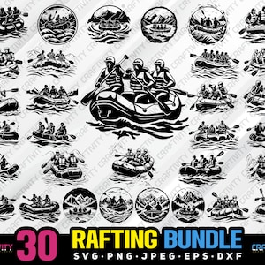 Puede incluir: Un conjunto de 30 ilustraciones en blanco y negro de personas haciendo rafting en un río. Las ilustraciones están en una variedad de poses e incluyen diferentes números de personas en cada balsa. El texto "30 RAFTING BUNDLE" está en la parte inferior de la imagen.