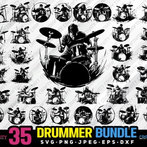 Puede incluir: Un conjunto de 35 ilustraciones vectoriales en blanco y negro de bateristas tocando la batería. Las ilustraciones están en una variedad de poses y estilos. El texto "35 DRUMMER BUNDLE" está en la parte inferior de la imagen. El texto "SVG.PNG.JPEG.EPS.DXF" está debajo del texto del paquete.