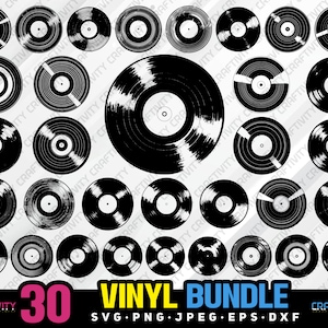 May include: A collection of 30 black vinyl records in various designs. The image includes a large vinyl record in the center and the words "VINYL BUNDLE" with file type options. The number "30" is in pink.