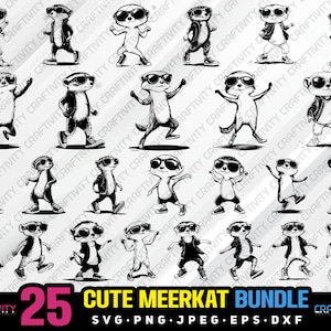 Puede incluir: Un conjunto de 25 ilustraciones digitales en blanco y negro de lindas suricatas en varias poses. Las suricatas llevan diferentes atuendos, incluidos sombreros, gafas de sol y chaquetas. Las ilustraciones son perfectas para usar en proyectos de manualidades, scrapbooking o diseño digital.