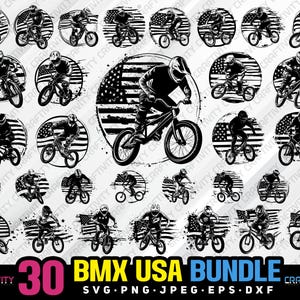 Bmx bike usa bundle svg png jpeg eps dxf graver silhouette clipart cricut laser vecteur usage commercial personnalisé bmx bike bmx bike vecteur