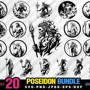 Könnte beinhalten: Ein Set mit 20 Schwarzweiß-Vektorillustrationen von Poseidon, dem griechischen Gott des Meeres. Die Illustrationen zeigen Poseidon mit einem Dreizack in der Hand und umgeben von Wellen. Der Text "20 Poseidon Bundle" befindet sich am unteren Rand des Bildes.