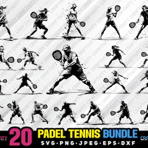 May include: A set of 20 black and white vector illustrations of people playing padel tennis. The illustrations are in a sporty style and feature various poses and actions.