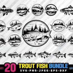 trout fishing bundle svg png jpeg eps dxf engrave silhouette clipart cricut laser vector commercial use custom trout fisherman trout fish