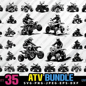 May include: A set of 35 black and white vector illustrations of ATVs. The illustrations feature different angles and perspectives of ATVs, including riders and close-ups of the vehicles. The illustrations are perfect for use in digital and print projects.