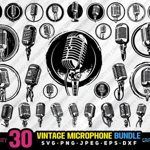 Puede incluir: Un conjunto de 30 ilustraciones de micrófonos vintage en blanco y negro. Los micrófonos son de varios estilos y diseños, incluyendo algunos con un aspecto retro. Las ilustraciones son perfectas para usar en proyectos digitales, manualidades y más.