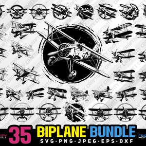 Op de afbeelding: Een set van 35 zwart-witte illustraties van dubbeldekker vliegtuigen. De illustraties zijn in verschillende poses en hoeken. De tekst "35 Biplane Bundle" staat onderaan de afbeelding. De tekst "SVG.PNG.JPEG.EPS.DXF" staat onder de tekst "35 Biplane Bundle".
