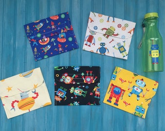 Reusable Snack Bag Set With Water Bottle- Robots