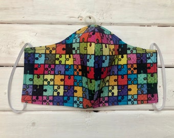 READY TO SHIP- Children's Face Mask- Autism Awareness Mask- Autism Puzzle - Rainbow Puzzle (7-12)