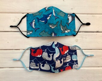 READY TO SHIP- Set of 2- Children's Face Mask w/Adjustable Ear Loops- Sharks and Whales Mask Set (3-6)- Back To School Mask Set