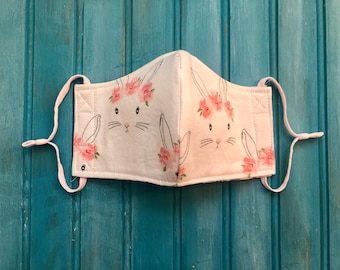 READY TO SHIP- Children's Face Mask with Adjustable Ear Loops- Bunny With Floral Crown Mask- Bunny Mask (3-6)