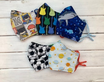 READY TO SHIP- Back To School Bundle- Children's Cotton Two Layer Masks w/Adjustable Ear Loops- Assorted Boys Mask Set (3-6)