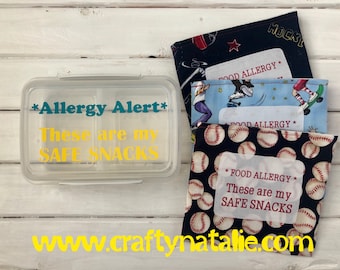 Safe Snack Bundle- Food Allergy Alert Snack Container and Reusable Snack Bags- Safe Snack Alert- Sports Themed Reusable Snack Bag Set