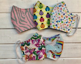 READY TO SHIP- Back To School Bundle- Set of 5 Masks - Children's Cotton Two Layer Mask- Assorted Girls Masks (3-6)