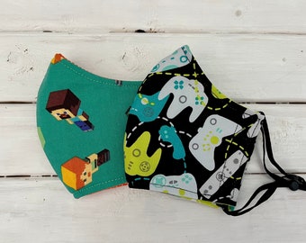 READY TO SHIP- Children's Two Layer Cotton Mask w/Adjustable Ear Loops- Set of Two- Video Game Mask Set (7-12)
