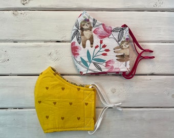 READY TO SHIP- Childrens Two Layer Adjustable Mask- Set of 2 Masks- Yellow Heart Mask and Sloth Mask (7-12)- Back To School Masks