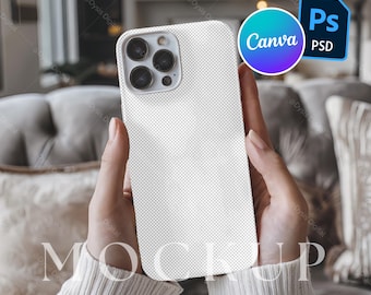 iPhone Case Mockup with Hand, Tough Phone Case Template, iPhone 16 Pro Max Mockup, PSD/Canva, Art Phone Cover, Comfortable indoor lifestyle