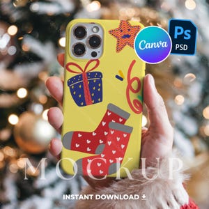Holiday iPhone Case Mockup, Tough Phone Cover Template with Hand, iPhone 16 Pro Max Display, PSD & Canva File, Artistic Phone Cover Design