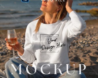 Gildan 18000 White Sweatshirt Mockup with Seaside Lifestyle Background | G180 Crewneck Sleeve Mockup PSD | Trendy Casual Coastal Pullover