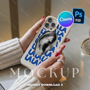 iPhone Case Mockup with Hand, Tough Phone Case Mockup, iPhone 16 Pro Max Mockup, PSD/Canva Template, Art Phone Cover Mock, indoor lifestyle