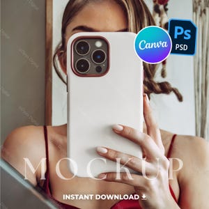 Junges Mädchen Selfie iPhone Hülle Mockup, weiße robuste Telefonhülle Vorlage, bearbeitbares PSD/Canva Design, iPhone Mockup für Designer & Kreative