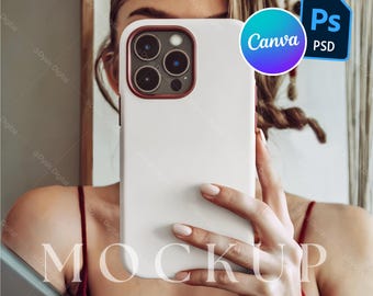 Young Girl Selfie iPhone Case Mockup, White Tough Phone Case Template, Editable PSD/Canva Design, iPhone Mockup for Designers & Creators