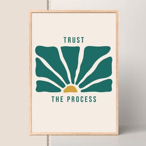 Op de afbeelding: Een ingelijste kunstdruk met een crèmekleurige achtergrond. De print toont een gestileerd teal bloemontwerp met een gele kern en de woorden "TRUST THE PROCESS" in teal. Het frame is gemaakt van lichtgekleurd hout.