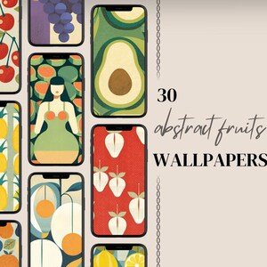 Könnte beinhalten: Eine Sammlung von 30 abstrakten Frucht-Handy-Hintergrundbildern. Die Hintergrundbilder zeigen verschiedene Früchte, darunter Kirschen, Ananas, Avocados, Erdbeeren, Zitronen und Orangen. Die Früchte sind in einer stilisierten, abstrakten Art und Weise dargestellt, mit kräftigen Farben und geometrischen Formen.
